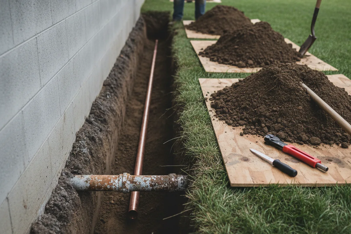 Excavated water line trench during Sewer Line Repair in Parnell